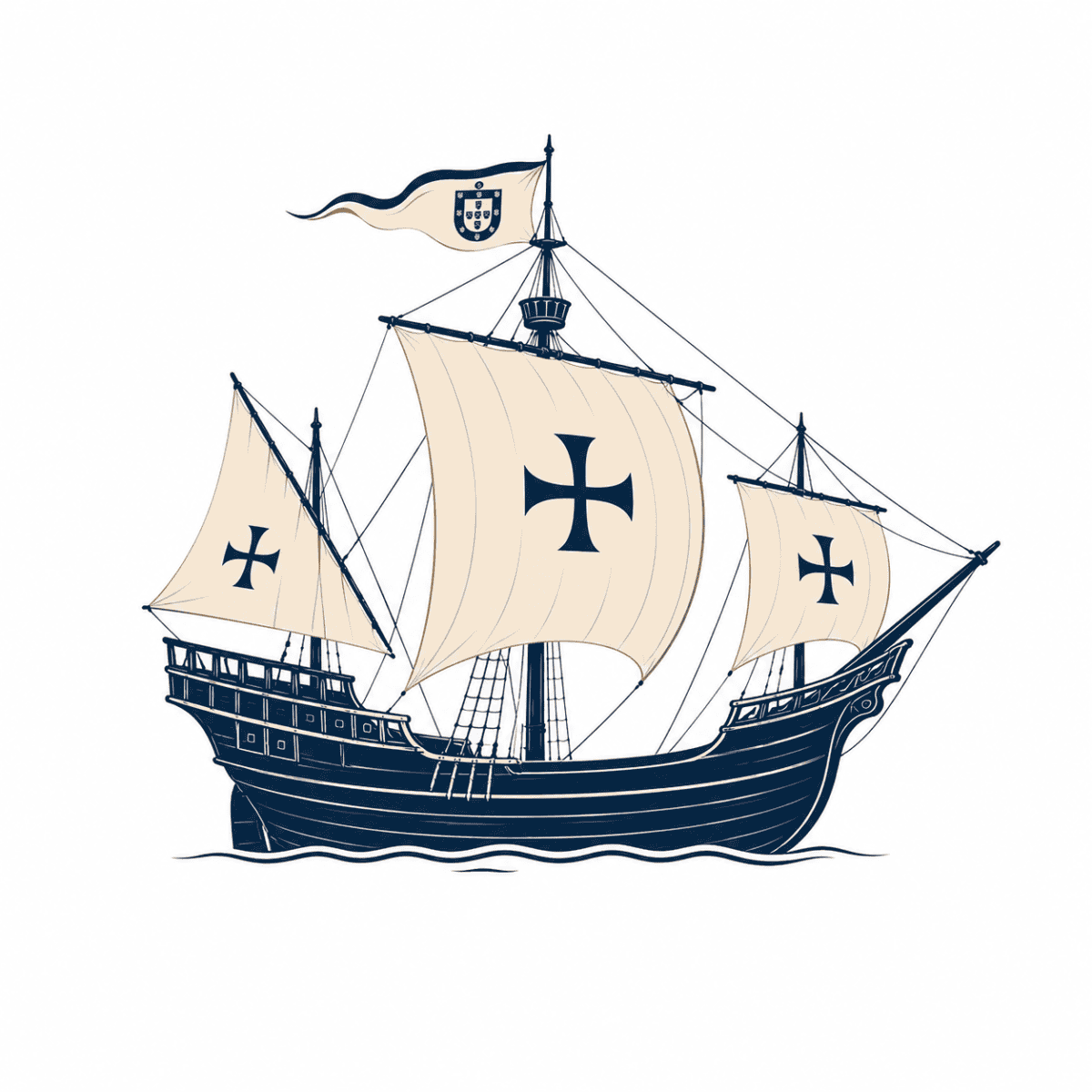 Sailing ship with flags, historic Portuguese maritime vessel.
