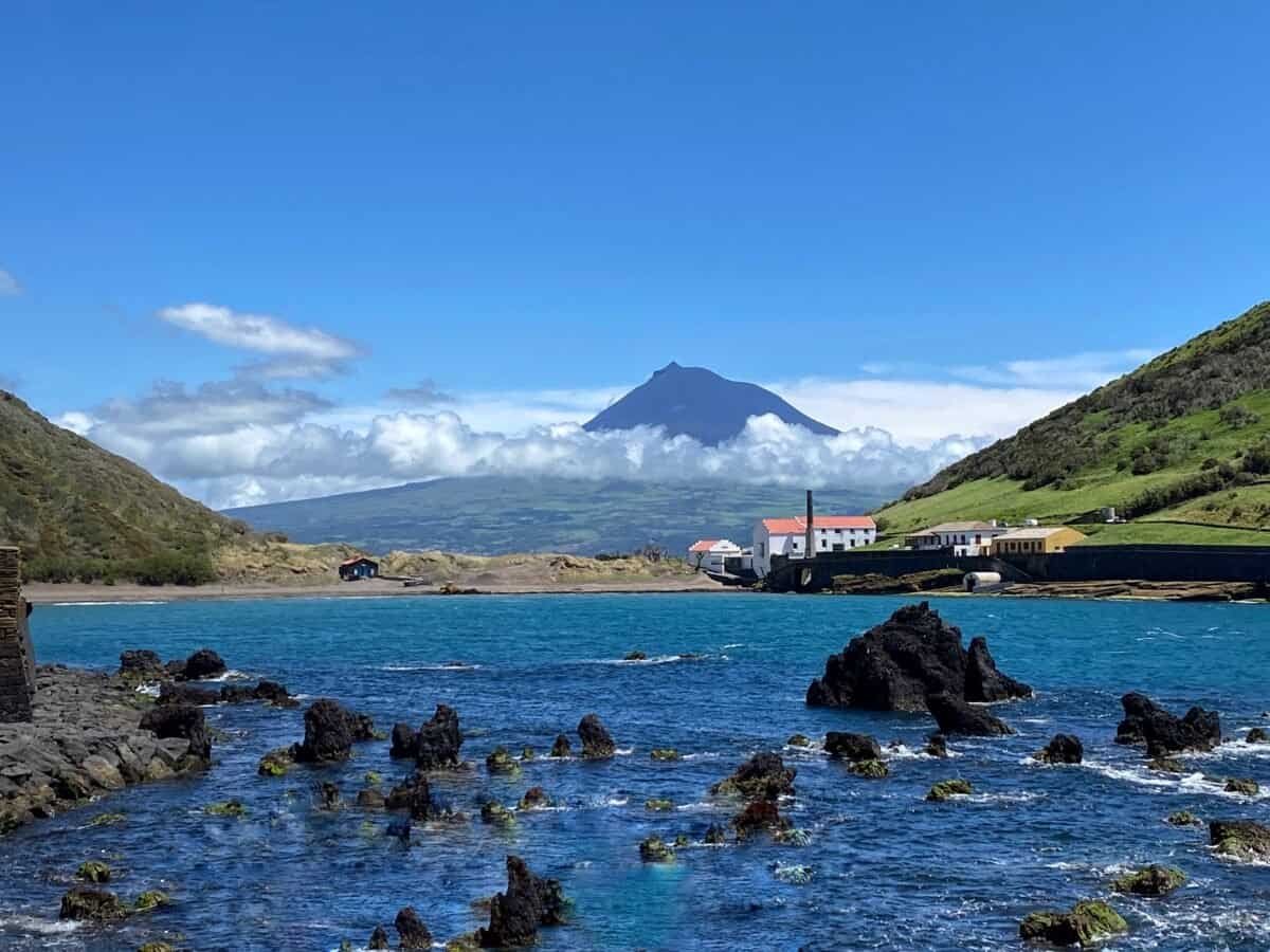 View of Porto Pim bay on Faial in the Azores, with Pico mountain in the background