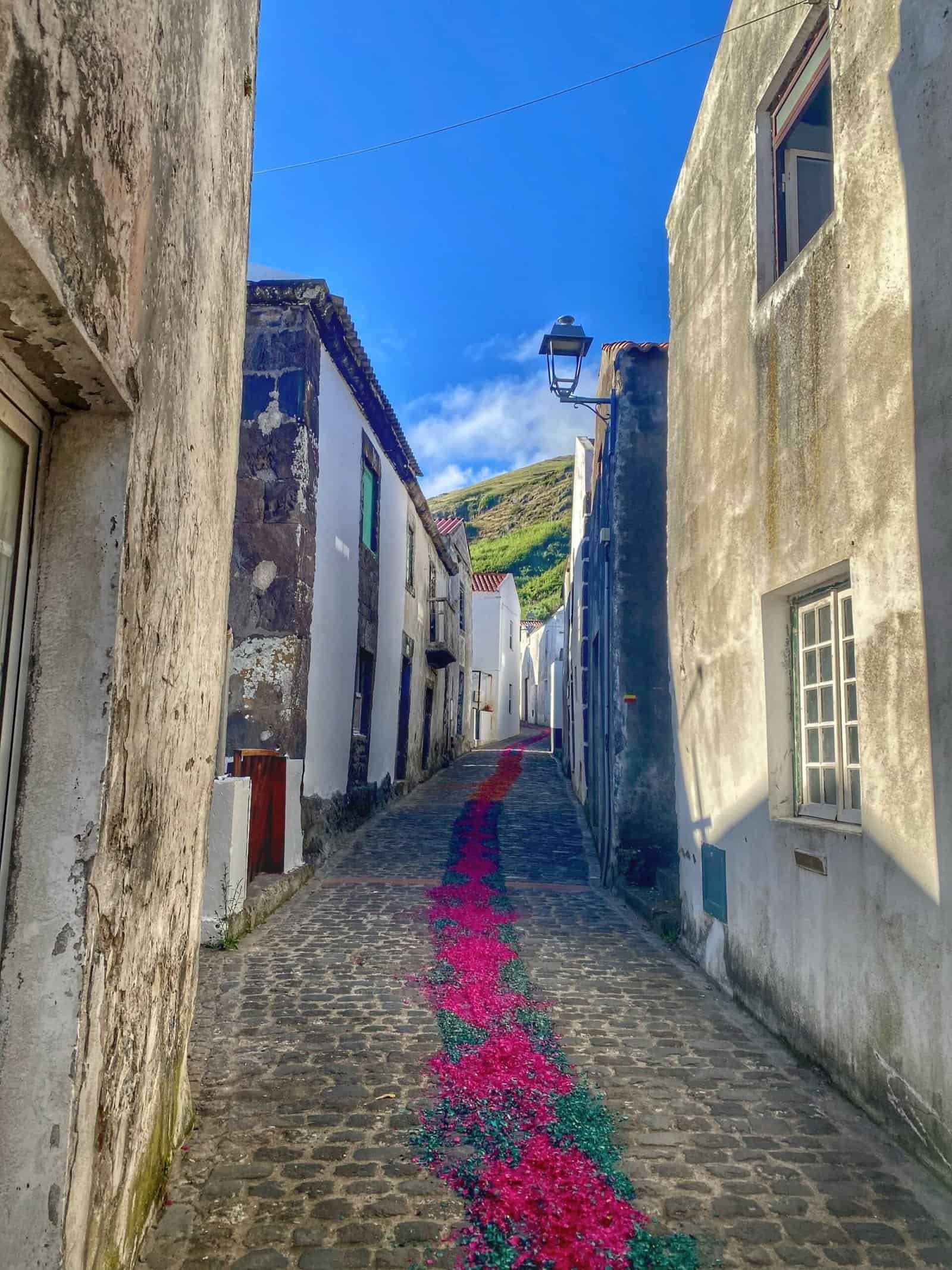 Narrow street with colorful pathway in village of Vila do Corvo on the island of Corvo in the Azores, Portugal