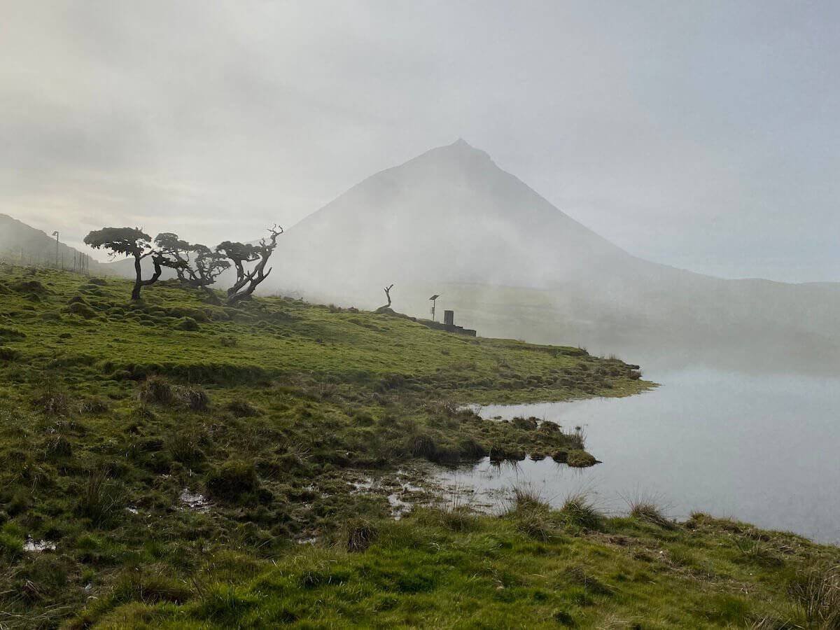 Pico Mountain and lake enshrouded in fog