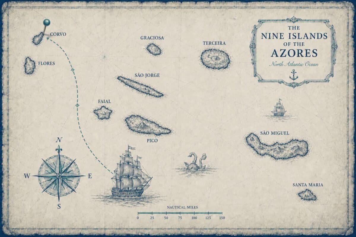 Nautical map of the nine Azores islands, highlighting Corvo