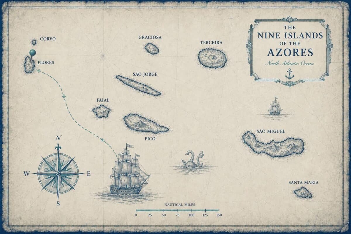 Nautical map of the nine Azores islands, highlighting Flores