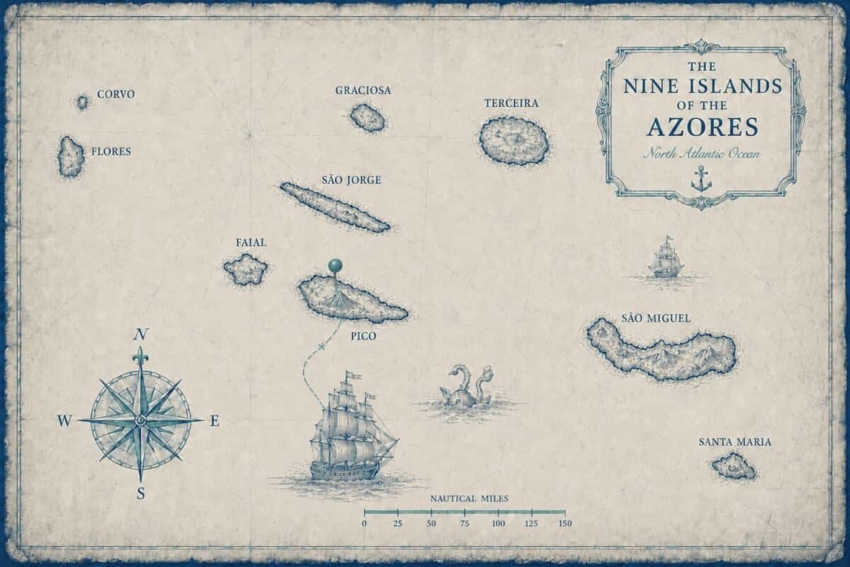 Nautical map of the nine islands of the Azores, highlighting Pico