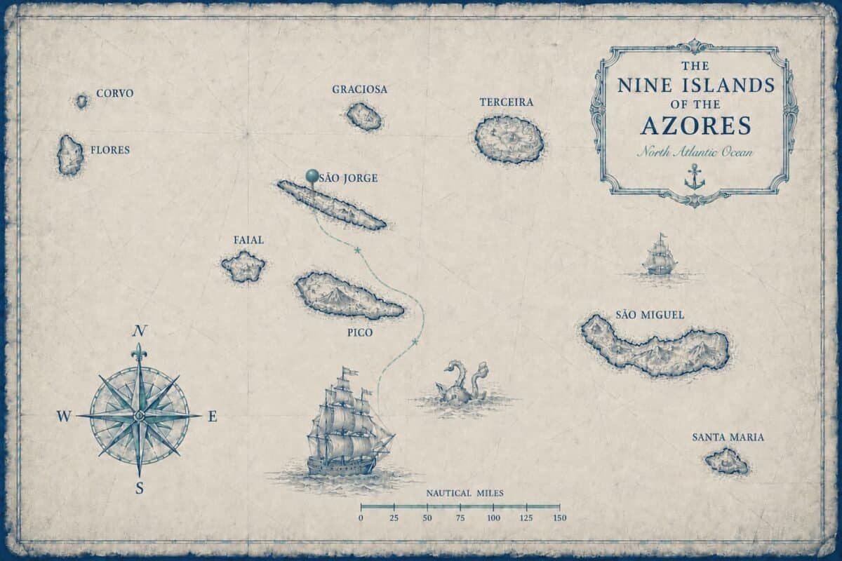 Nautical map of the nine Azores islands, highlighting São Jorge