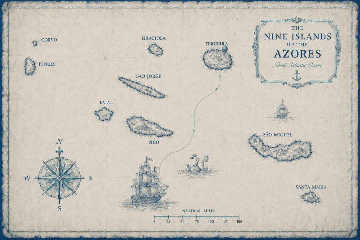 Nautical map of the nine Azores islands, highlighting Terceira