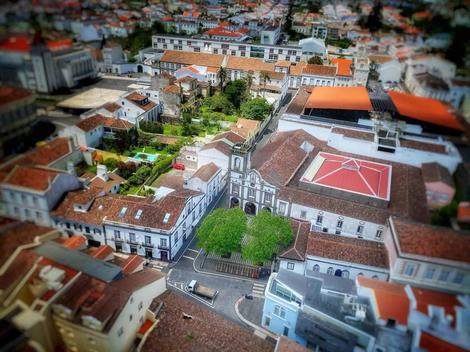 aerial view of colorful buildings with tile roofs in Ponta Delgada, São Miguel, the Azores