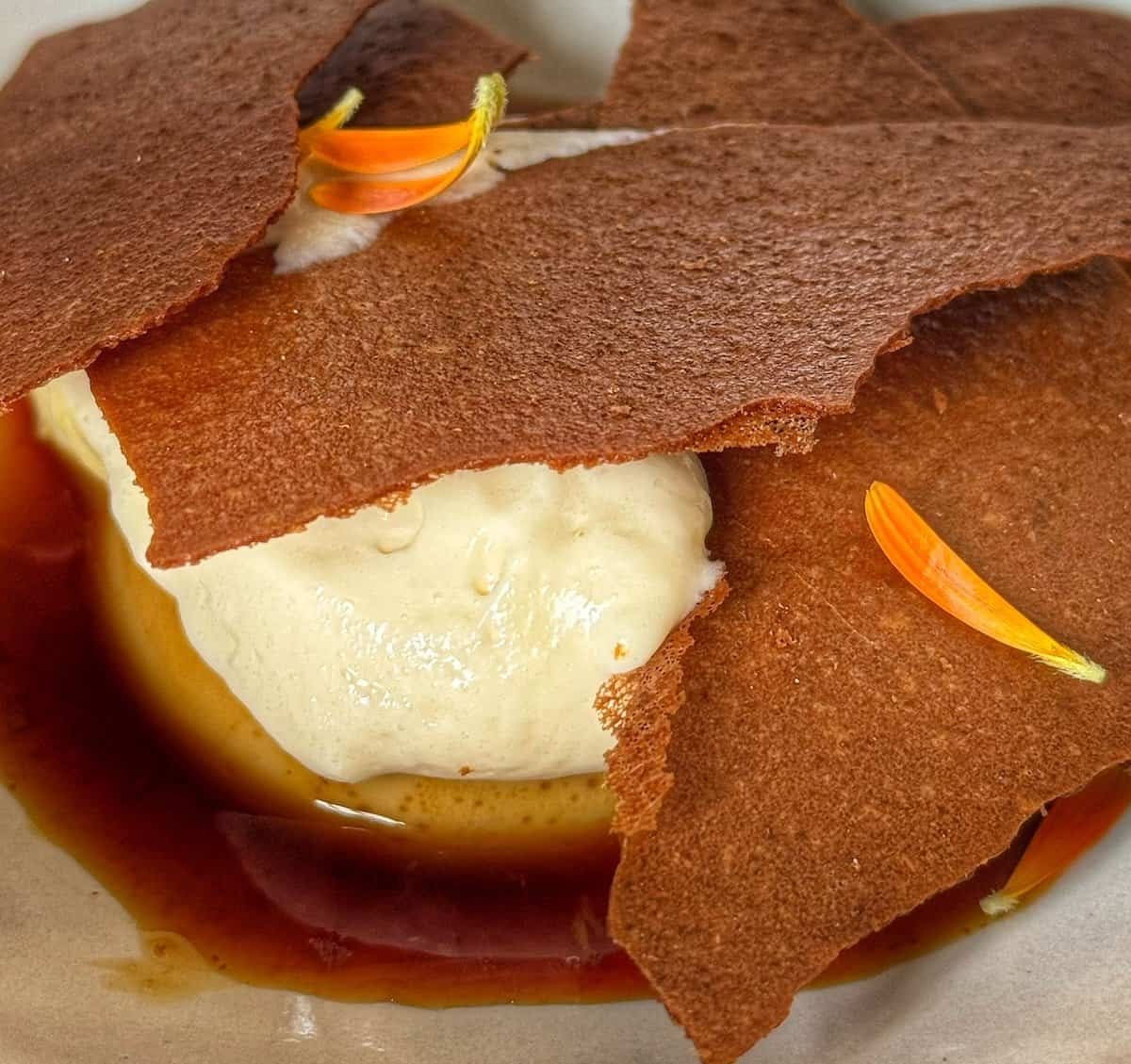wafer and cream dessert at Bioma Restaurant on Pico Island